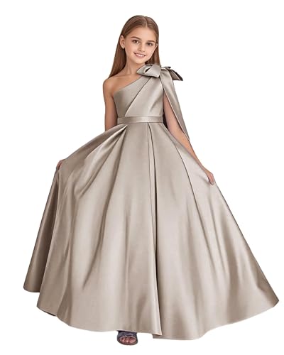 Topsta Girls One Shoulder Satin Flower Girl Dress for Wedding with Bow First Communion Dress Long Pageant Ball Gown