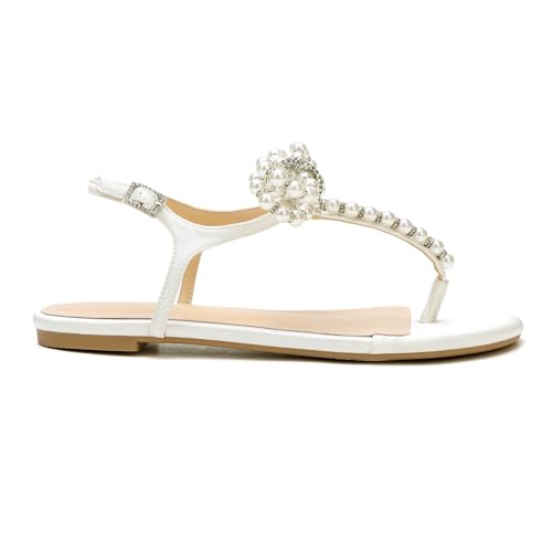 Women T-Strap Thong Sandals with Pearl Roman Style Flats with Bow,Bohemian Casual Beach Slingback Flat Sandals3