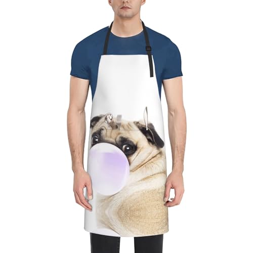 Beecodek Delantal de cocina con diseño de perro carlino para hombres y mujeres, estampado de poliéster ajustable, resistente al agua, con grandes bolsillos frontales para cocinar y jardinería, Como se