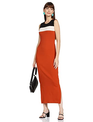 Image of Amazon Brand - Symbol Women's Crepe Bodycon One Piece Maxi Length Dress (with Color Block)