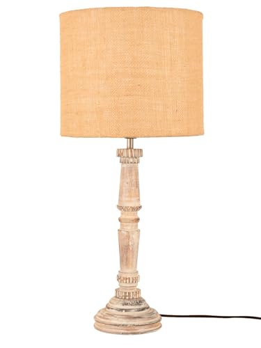 Image of Green Girgit Empire Wooden Lamp in Distress White Color with Jute Brown Lamp Shade, Reading & Bedside Table Lamp, Home & Living Room Decor