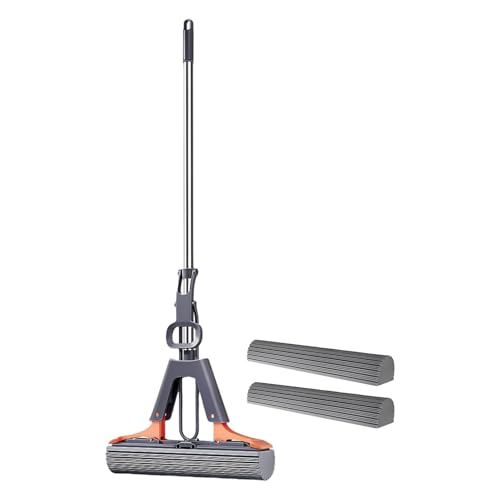 Genérico Trapeador Exprimible, Mopa con Rodillo, Fregona Rodillo para Piso con Mango Ajustable de Acero Inoxidable, Cabezal de Esponja PVA Absorbente, Blanco, para Pisos