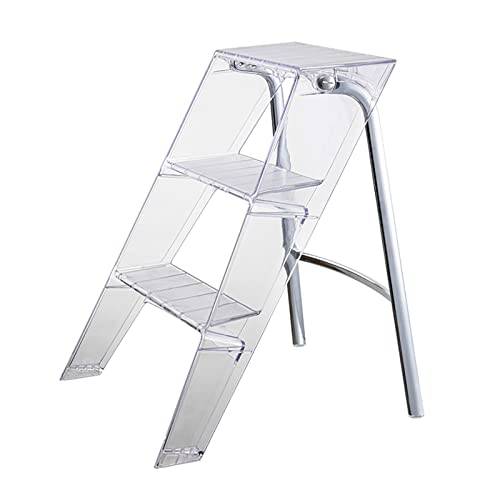 3 taburetes de acrílico, plegables con 3 peldaños para adultos, con pedal antideslizante ancho, escalera portátil, para casa, cocina, oficina, hasta 150 cm (color transparente)