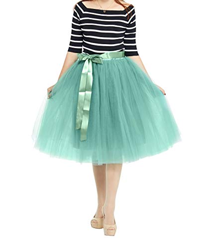 Women s High Waist Princess A Line Midi Knee Length Tulle Skirt Pleated for Prom Party (Free Size, Green)