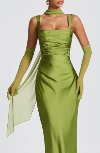 Satin Bridesmaid Dresses with Scarf 2025 Spaghetti Straps Square Neck Mermaid Pleated Long Formal Dress OE643