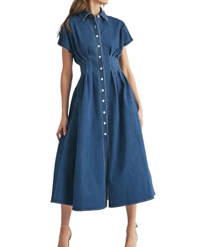 Women's Summer Denim Shirt Dress Lapel V Neck Short Sleeve Midi Jean Dress Button Down Long Dresses Navy Blue