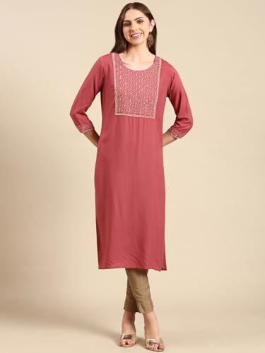 Image of SHOWOFFFF Women Solid Straight Ethnic Kurta | Round Neck 3 /4th Sleeves Cotton Kurta for Womens | Regular Fit Calf Length Kurta for Women's