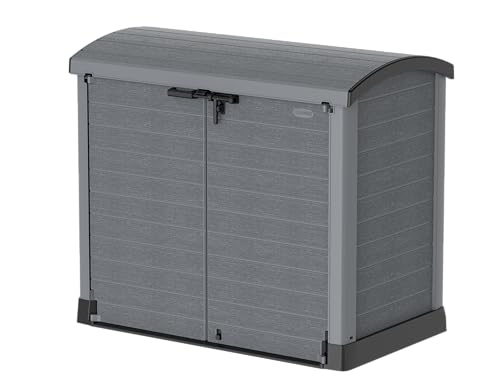 Duramax StoreAway 1200L Plastic Garden Shed/ Arc Lid, Outdoor Storage Shed, Wheelie Bin Hideaways, Wheelie bin box, Durable Construction, Ideal for Bikes, BBQs & 2x 240L Bins, 145x85x125 cm, Grey
