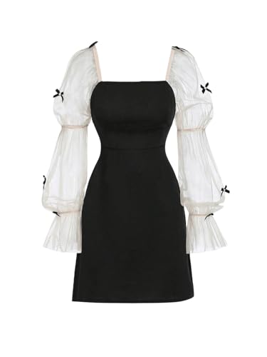 Girl's Dress Bow Ruffle Sheer Mesh Puff Long Sleeve Dresses Party Formal Short Dresses Size 8-12