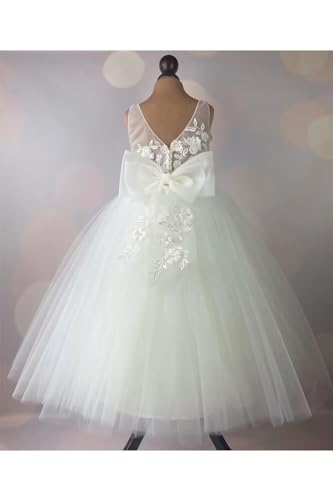 Pearls Applique Tulle Flower Girl Dress for Wedding Floor Length Kids Princess Pageant Dress Lace Bow Proms Ball Gown4