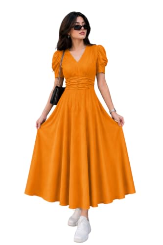 Image of Preneum Girl's & Women's Solid Color V-Neck A-Line Maxi Dress for Women | New Year Party Outfit | Waist Cinched Puff Sleeve Western | Elegant Casual Wear (Availble in Plus Size)