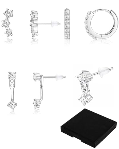 MYGLOAR Juego de 4 pares de pendientes de plata 925, pequeños pendientes chapados en oro de 14 quilates para mujer, pendientes de oro/plata para mujer, pendientes de circonita apilables