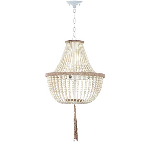 Safavieh Lighting Collection Lush Kristi Boho Farmhouse Cream 17-Inch Diameter 3-Light Beaded Adjustable Hanging Pendant Light Fixture With Tassel (Led Bulbs Included) #TOP3