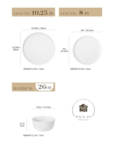 MALACASA 18 Pieces Gourmet Porcelain Dinnerware Sets, Premium Plates and Bowls Set, High-Fired Ceramic Dishes Set for 6, Chip & Scratch Resistant, Microwave Dishwasher Safe, White, Series LEXI
