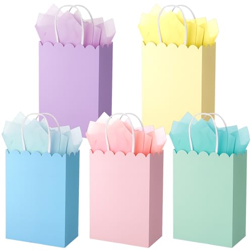 AmazingSpark 50 Pcs Pastel Party Favor Gift Bags Bulk with Handles and Tissue Paper 8.3 x 5.9 x 3.15 Inch 5 Colors Scalloped Paper Goodie Bags Party Supplies for Birthday Baby Shower(Classic)