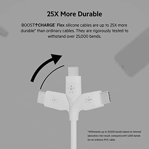 Image of Belkin BoostCharge Flex Silicone USB-C to USB-C Charging Cable (3M /10FT) for iPhone 16, iPhone 16 Pro, Galaxy S25, S24, Pixel 9 & 8, Nintendo Switch 2 & More with Cable Clip - White
