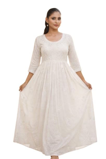 Mrs Right White Hand Chikankari Embroidered Ankle Length Dobby Cotton Gown for Women and Girls | Lucknowi Thread Work Ethnic Dress-image-31