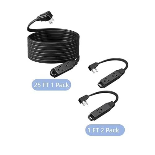 DEWENWILS Flat Plug Extension Cord, 1 FT 2 Pack and 25 FT 1Pack Grounded Power Cable, 3 Outlets Power Strip for Indoor Use, SPT-3 Cord, Space Saving f