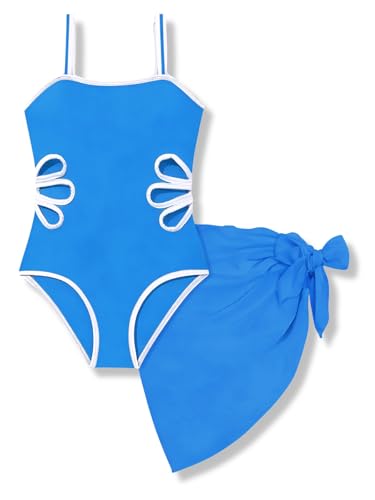 Image of 7-16 Years Girls Swimsuit 2PCS Adjustable Straps Cut Out One Piece Bathing Suit with Solid Color Cover Up Skirt