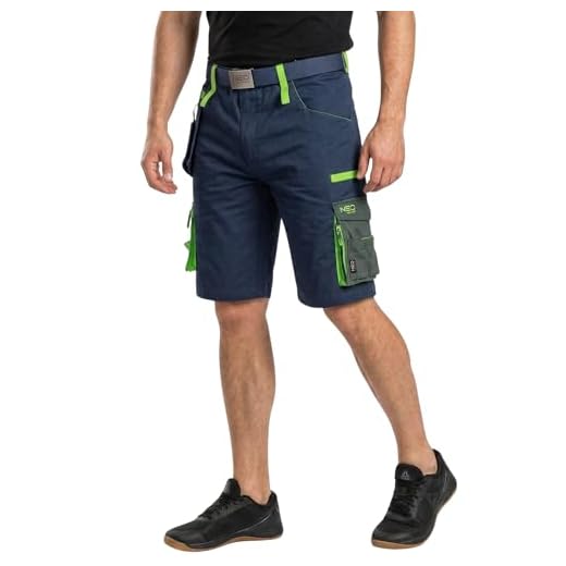 NEO TOOLS Herren Premium kurze Arbeitshose mit Hosengürtel, 62% Baumwolle, 35% Polyester, 3% Elasthan 270 g/m2, Gr. XS-3XL, abnehmbare Werkzeugtasche