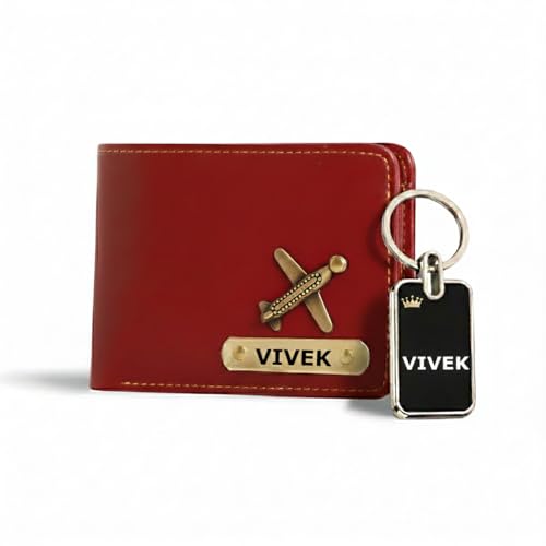 Image of Personalized Vegan Leather Wallet for Men with Name & Charm | Customised Wallets for Man Gift for Boyfriend Birthday | Free Metal Name Engraved Keychain - Red