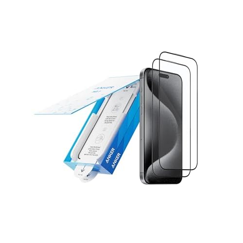 Anker 9H+ Glass for iPhone 15 Pro Max Screen Protector, Military Grade Shatterproof & Ultra Durable Screen Protector for 15 Pro Max, Tempered Glass Full Coverage Protection, Easy Installatio