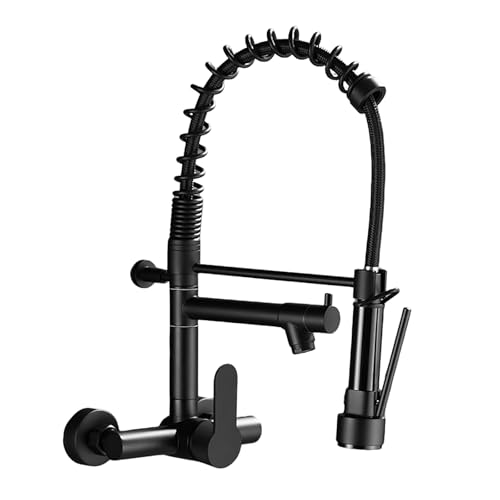YWJFSA Grifo Cocina Pared con 2 Salidas Cabezal Rociador Giratorio 360° Grifo Monomando Cocina Mezclador de Arco Alto,Negro