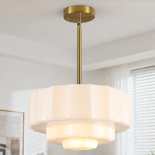 Milk Glass Pendant Light, 13.78" White Pleated Glass Adjustable Brass Rod