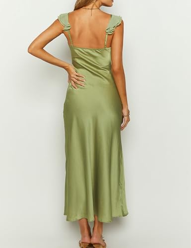 Image of KOUNAI Women's Satin Summer Lace Slit Formal Midi Dress for Wedding Guest