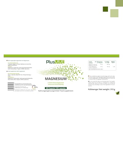 PlusVive Magnesium Kapseln hochdosiert I 1x 365 Kapseln I 700mg Magnesium Hydroxid pro Kapsel I Magnesium aus Meerwasser I mit Papain & Spirulina I Nahrungsergänzungsmittel vegan & laborgeprüft