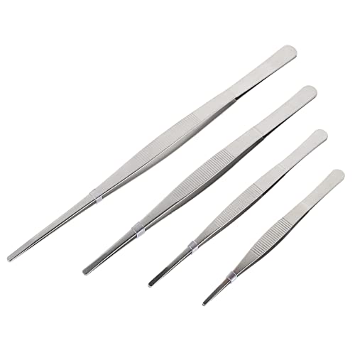 FUNOMOCYA 4pcs Stainless Steel Tweezers Long Straight Serrated Tips Non-Skid Handle for Crafting and Daily Use