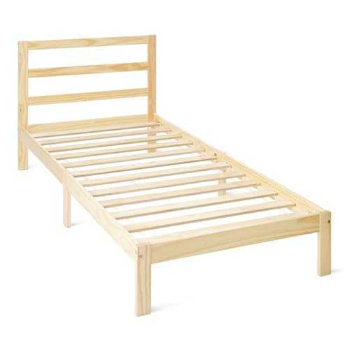 Amazon Basics Estructura Cama de Madera con Cabecero, Madera Maciza de Pino, Incluye Somier, 90 x 200 cm, Pino