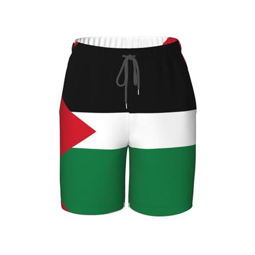 Flag of The State of Palestine Small Youth Beach Pants, Soft and Breathable, with Drawstring Waist, Suitable for Sports and Leisure. Black