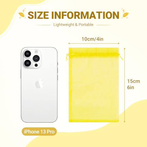 Image of FUNFERY 100PCS Lemon Yellow Sheer Organza Bags 4x6 in, Goodie Bags Bulk | Small Mesh Gift Bag with Drawstring for Wedding Party Favor, Drawstring Pouch for Jewelry, Sachet Bags for Treat, Candy, Soap