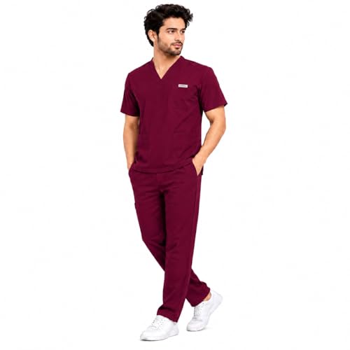 Image of Unisex Medical Scrub Suit Set, V-Neck Top with Pants, Short Sleeve, Polyester Cotton Blend, 7 Pockets, Regular Fit, Hospital Doctor Nurse Uniform