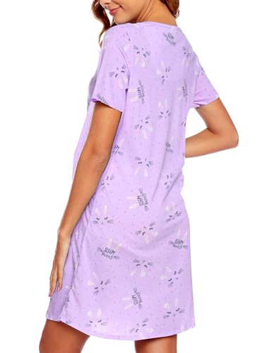 Image of ENJOYNIGHT Womens Cotton Nightgown Short Sleeve Sleepshirt Print Nightshirt | Short-Sleeve Crew Neck, Soft Cotton Fabric, Cartoon Printed Sleep Shirt, Loose Fit