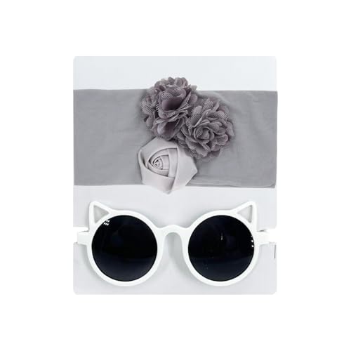 Image of SYGA Baby Rose Flower Stretchable Headband With Uv Protection Cat Type Sunglasses Stylish Combo For Toddlers And Kids (Grey, White)