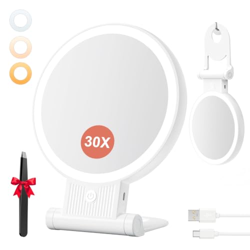Auxmir Espejo Maquillaje con Luz 1X/30X Aumento Recargable y Colgable Pared
