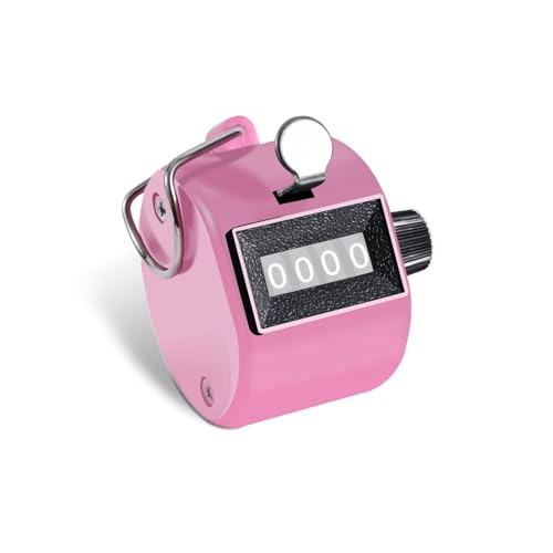 Clicker Counter Metal Hand Tally Counter 4-Digit Number Counter, Handheld Mechanical Counters Clickers Pitch Umpire Click Counter for Baseball, Coaching, Knitting, People, Lap, Fishing, Golf, (Pink)