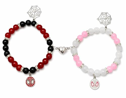 Image of Spider-Man Inspired Couple Bracelets 2pcs - Magnetic Attraction Heart Charm, Glass Beads, Spider Pendant, Marvel Theme Party Accessory, Valentine's Day Gift, Suitable for All Seasons