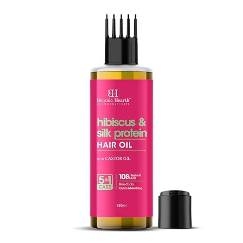 Botanic Hearth Hibiscus Silk Protein Hair Oil – 150ml – Nourishes & Strengthens Hair, Enhances Shine, Reduces Frizz, Promotes Healthy Hair Growth with Castor Oil - with Comb Applicator