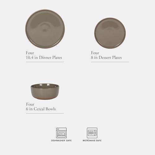 Image of Gibson Elite Northrock Stoneware Dinnerware Set, 12-Piece Service for 4 Plates and Bowls Set - Gray Dishes with Hand-Painted Terracotta Base