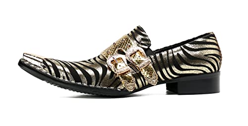 Santimon Mens Slip On Loafers Leather Casaul Dress Shoes with Double Buckle & Gold Lion Toe – Fashion Party Wedding Shoes for Stage, Club2