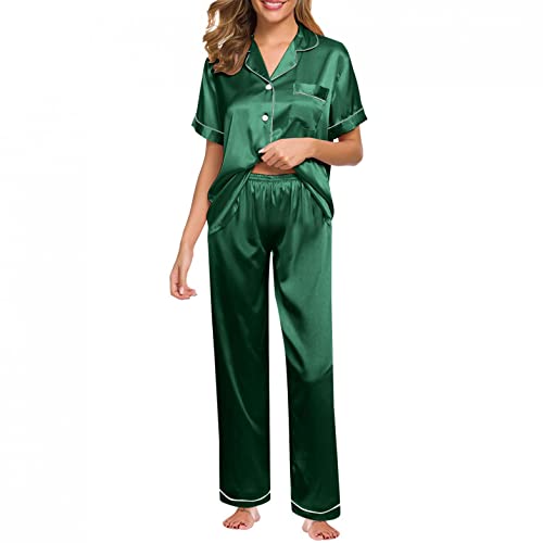 Conjunto de pijama de satén suave manga larga ropa de dormir señoras botón abajo acogedor ropa de dormir ropa de dormir conjuntos de pijama, verde, M