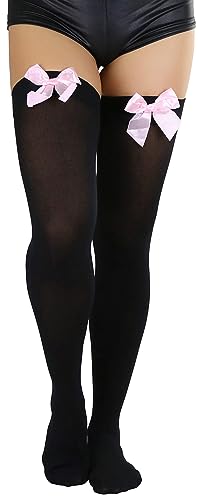 Image of ToBeInStyle Women's Opaque Long Thigh High Stockings w /Decorative Front Satin Bow