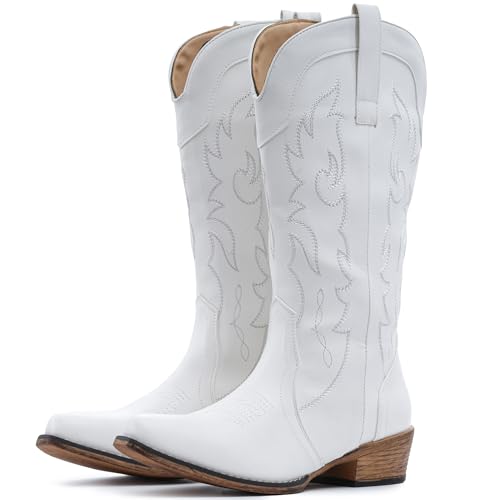 IUV Cowboy Boots for Women Mid Calf Fashion Cowgirl Boots with Embroidery Western Snip Toe