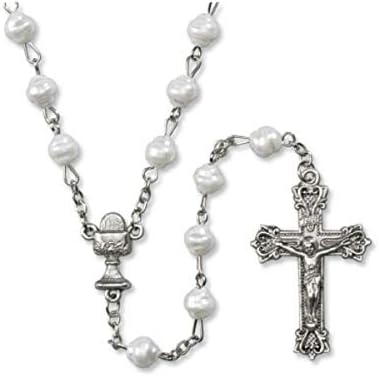 First Communion RosaryWhite Gift with IHS Chalice Centerpiece, 21 Inch