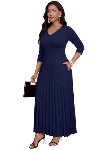 Image of FANDEE Women's V-Neck Pleated Maxi Dress A-Line 3 /4 Sleeve with Pockets