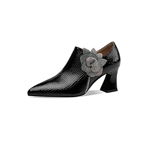TinaCus Women's Pointed Toe Patent Leather Handmade Flower Décor Side Zip Up Mid Chunky Heels Pumps Shoes