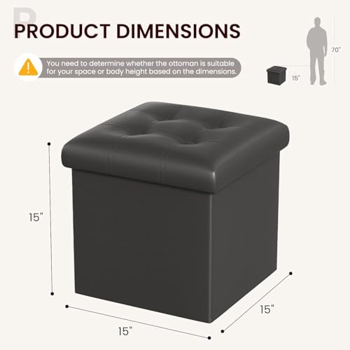 Image of AR Mall 15 Inches Storage Ottoman Cube, Foldable Storage Boxes Footrest Step Stool, Padded Seat for Dorm Living Room Laundry Storage Space, Bed Storage Seat, Toys Storage (38X38X38 CM) (BLACK LEATHER)
